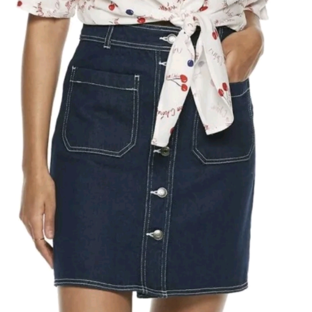 Womens Popsugar Button Front Denim Jean Mini Skirt Size 18 Navy Blue 100% Cotton